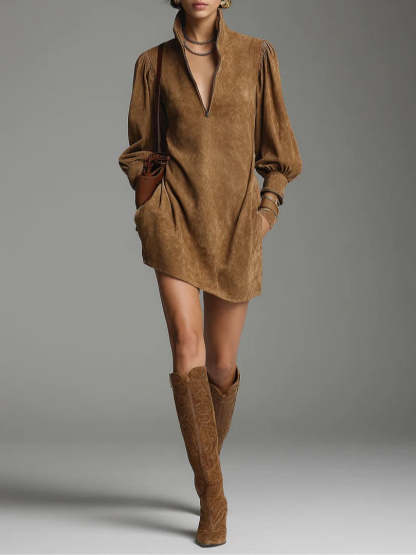 Brown Loose Suede Zipper Turtleneck Mini Dress