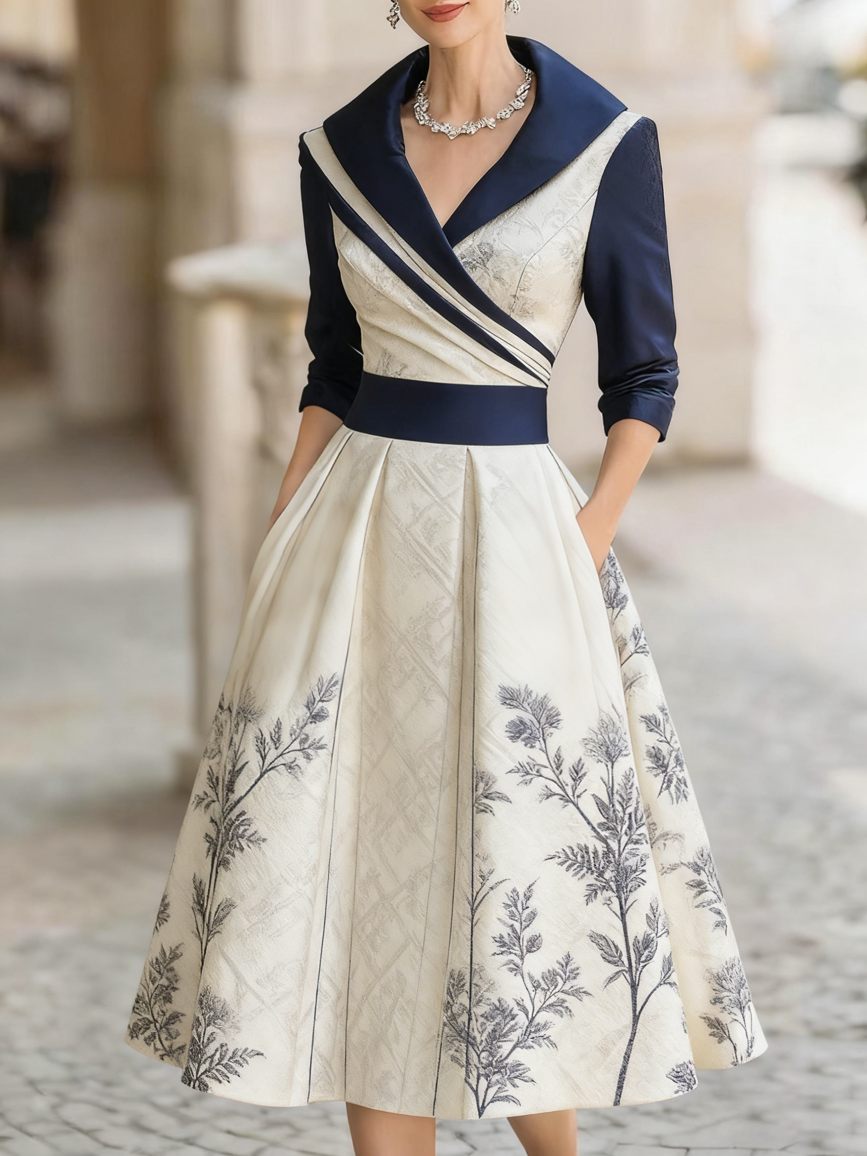 Women's retro cold jacquard print medium and long dress