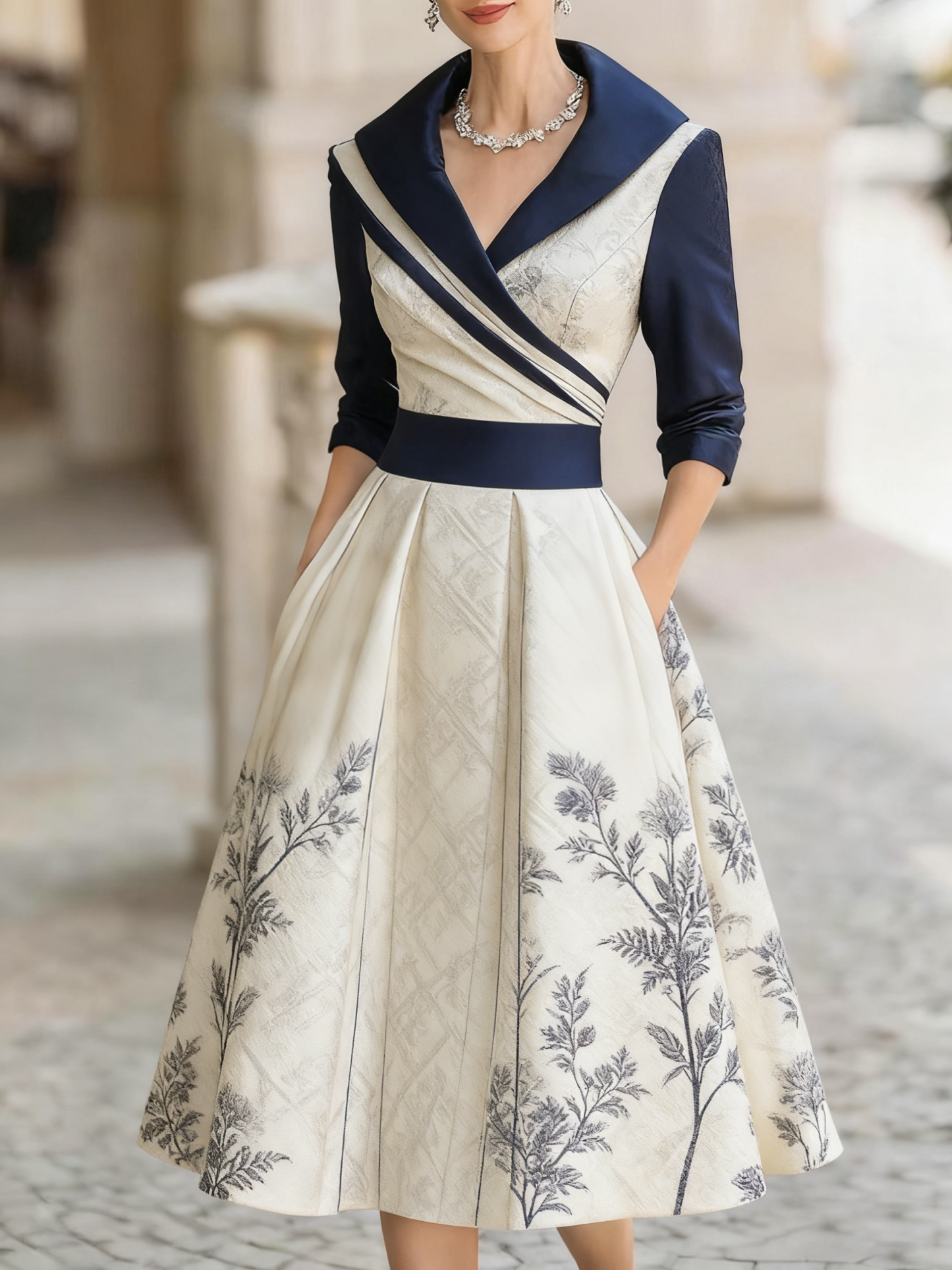 Women's retro cold jacquard print medium and long dress