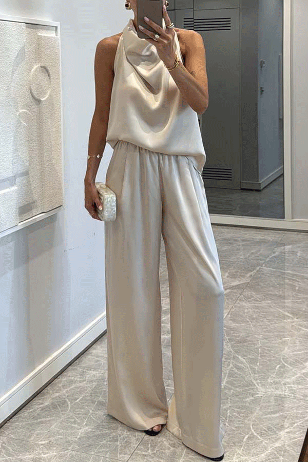 Classic on You Satin High Cowl Neck Top and Elastic Waist Pocket Loose Pants Set