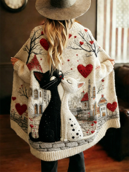 Valentine's Day Cats Lovers Kiss Cozy Knit Cardigan
