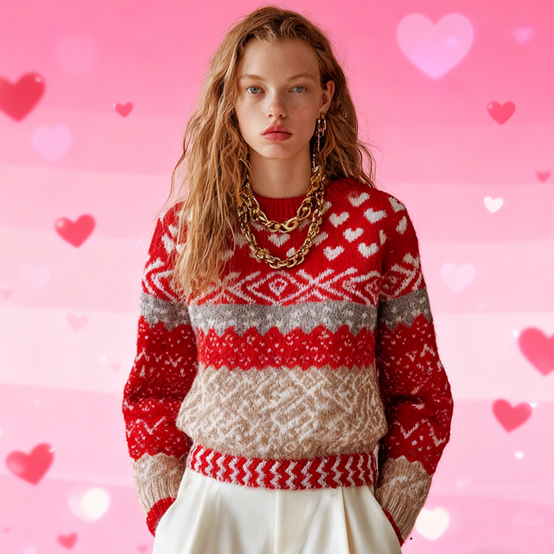 Women's Valentine's Day Heart Pattern Comfortable And Warm Knit Sweate
