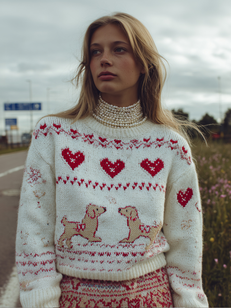 Valentine's Day Doggy And Heart-themed Atmosphere Sense Round Neck Sweater