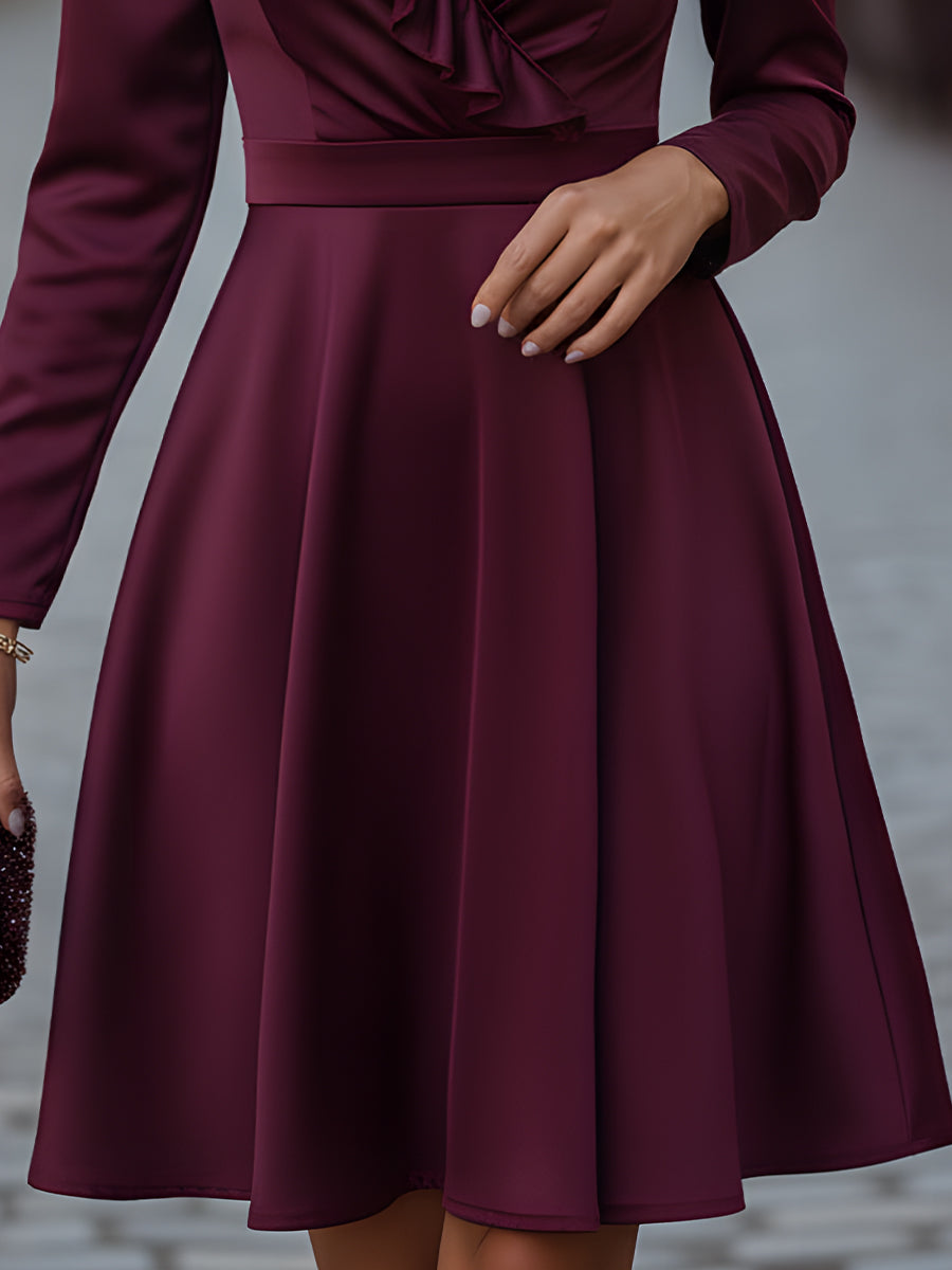 Satin Ruffled V-Neck A-Line Dress