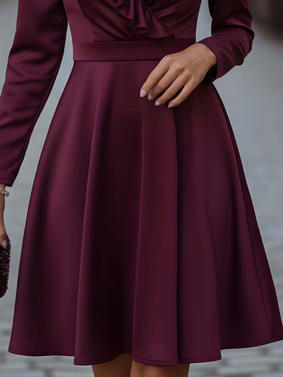 Satin Ruffled V-Neck A-Line Dress