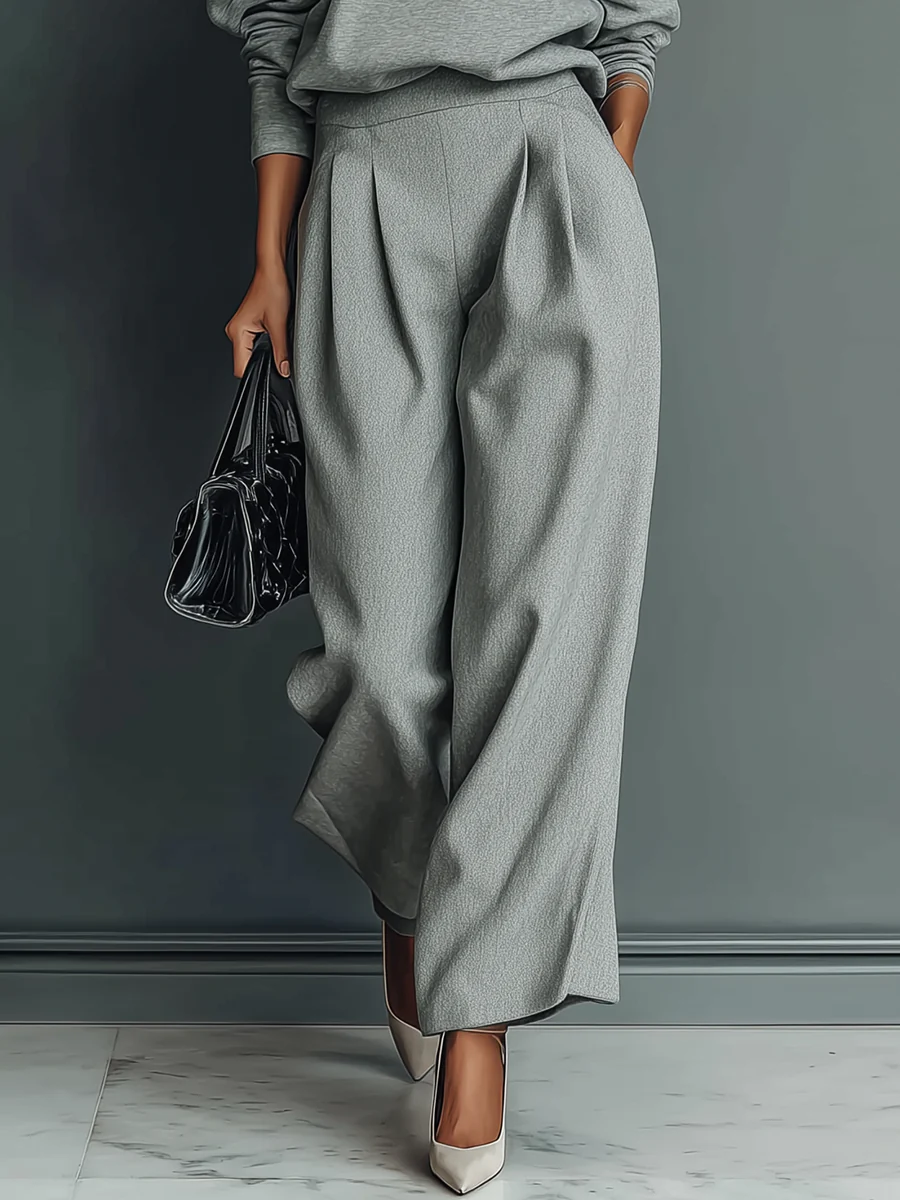 Grey Blended Sweatshirt Wide-Leg Pants Set