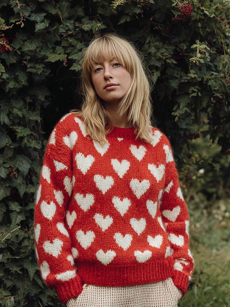 Valentine's Day Hearts Pattern Vintage Cozy Knit Sweater