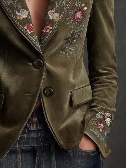 Olive Green Velvet Blazer With Intricate Floral Embroidery