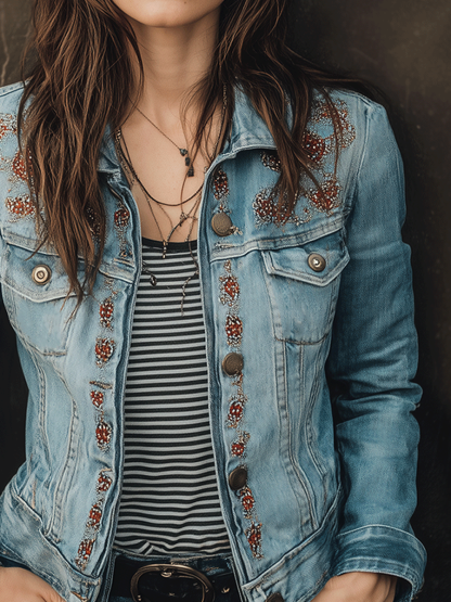 Casual Bohemian Light Washed Embroidered Denim Jacket