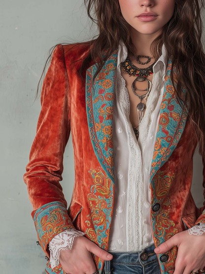 Retro Contrast Color Polyester Velvet Printed Blazer