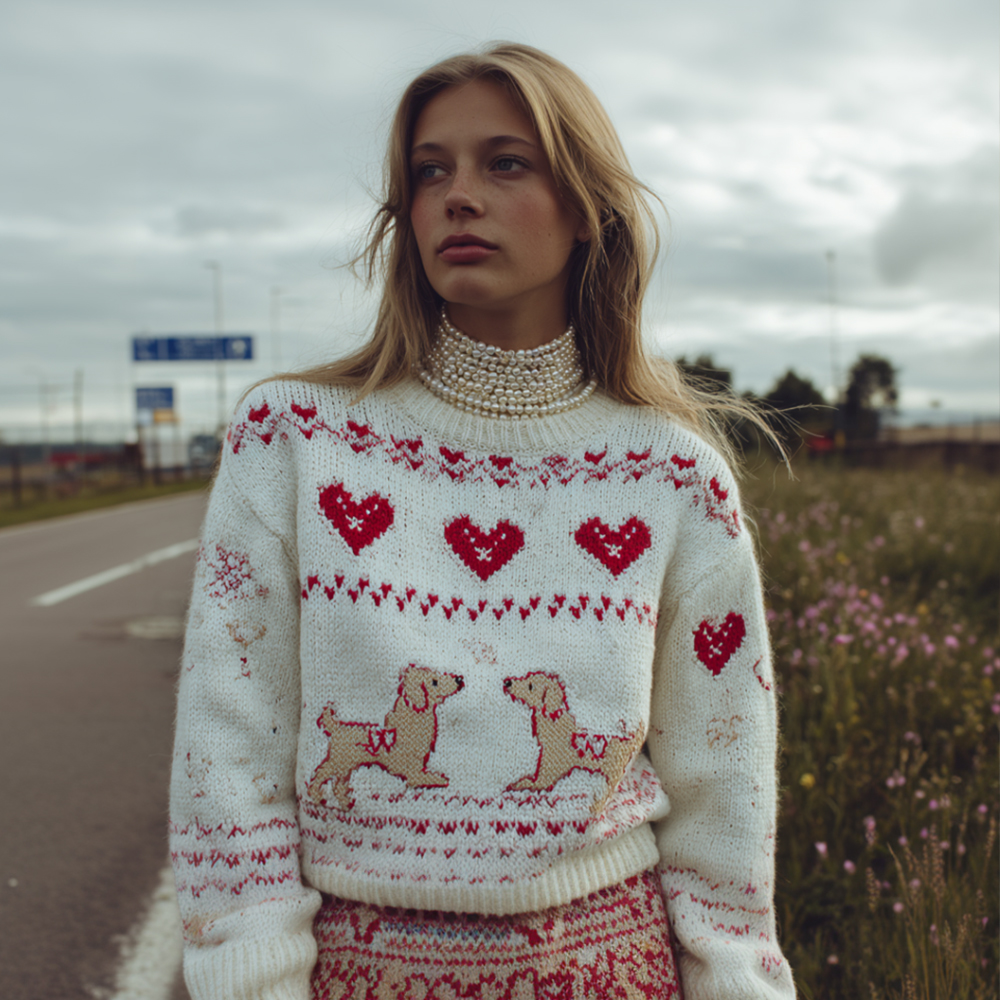 Valentine's Day Doggy And Heart-themed Atmosphere Sense Round Neck Sweater