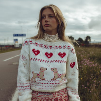 Valentine's Day Doggy And Heart-themed Atmosphere Sense Round Neck Sweater