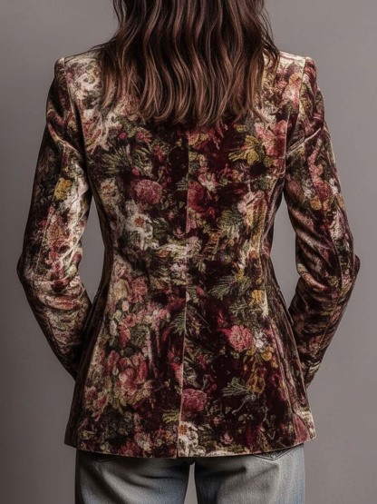 Vintage Floral Velvet Blazer With Leather Lapels