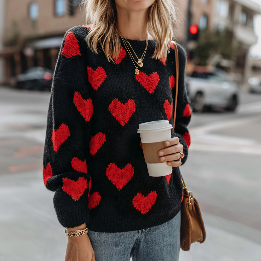 Casual Valentine's Day Hearts Pattern Cozy Knit Sweater