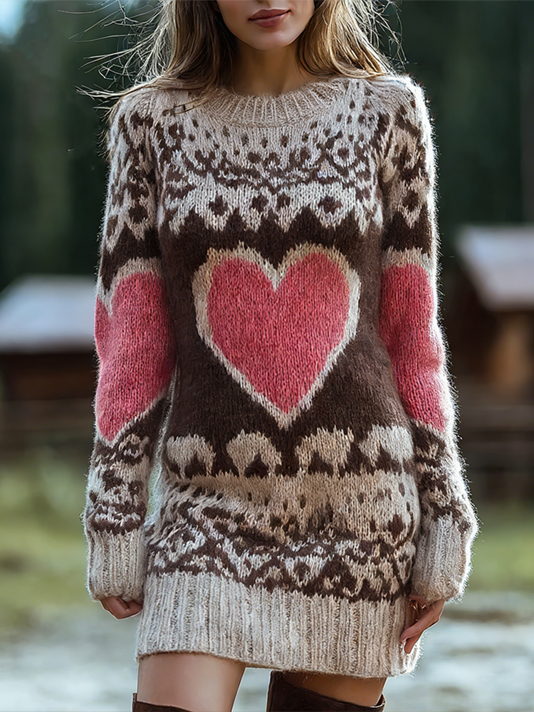 Valentine's Day Heart Pattern Women's Round Neck Sweater Dress