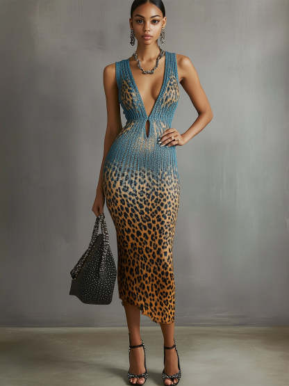 Blue Gradient Leopard Print Deep V-Neck Bodycon Dress