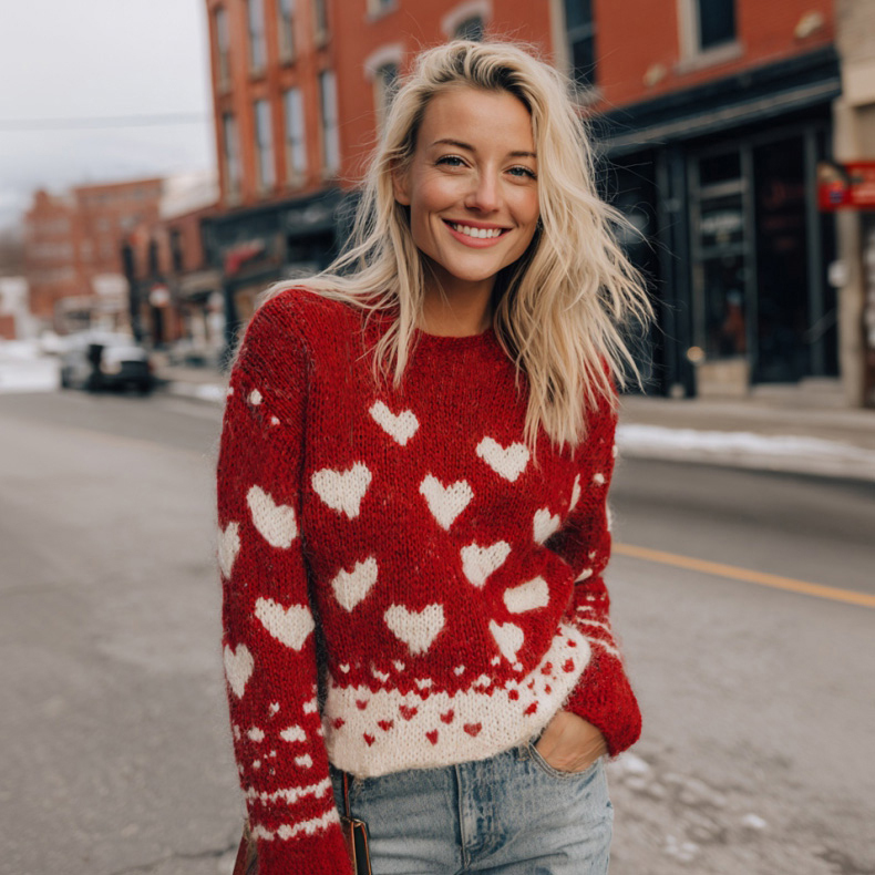 Women's Valentine's Day Heart Pattern Color Block Comfortable Knit Swe