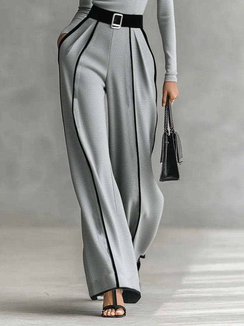 Gray Trim High-neck Long-sleeved Top With Wide-leg Pants and Belt Set
