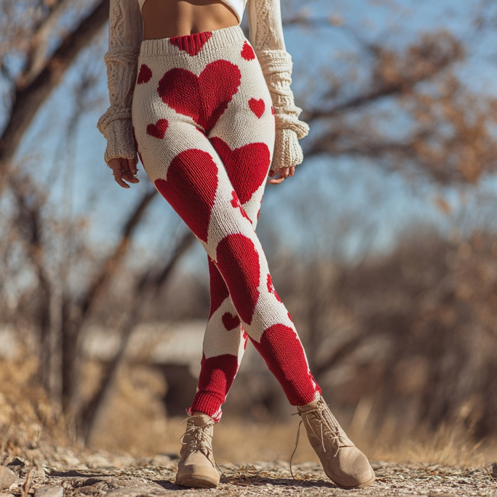 Vintage Valentine's Day Hearts Pattern Comfy Knit Leggings