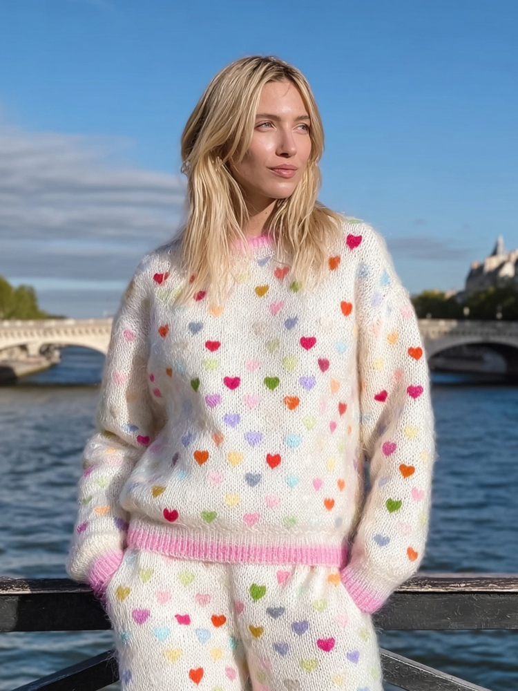Vintage Colorful Hearts Art Pattern Comfy Knit Sweater