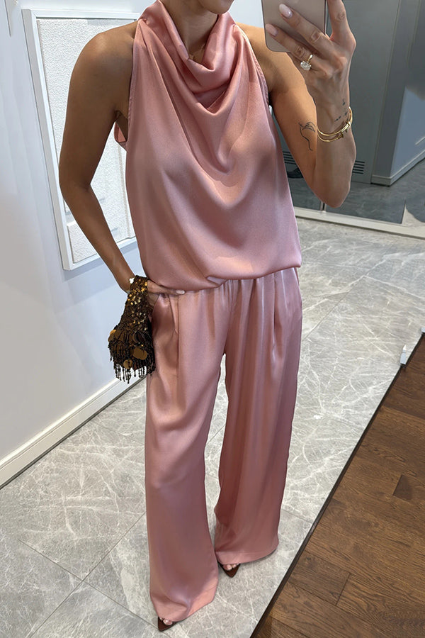Classic on You Satin High Cowl Neck Top and Elastic Waist Pocket Loose Pants Set