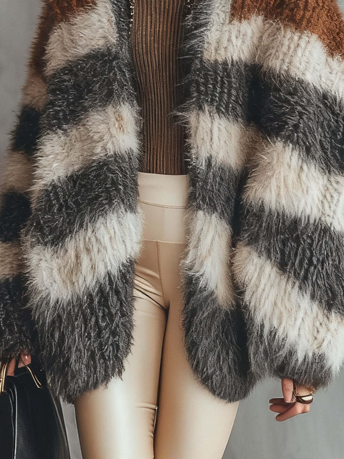 Colorblock Striped Furry Knit Cardigan