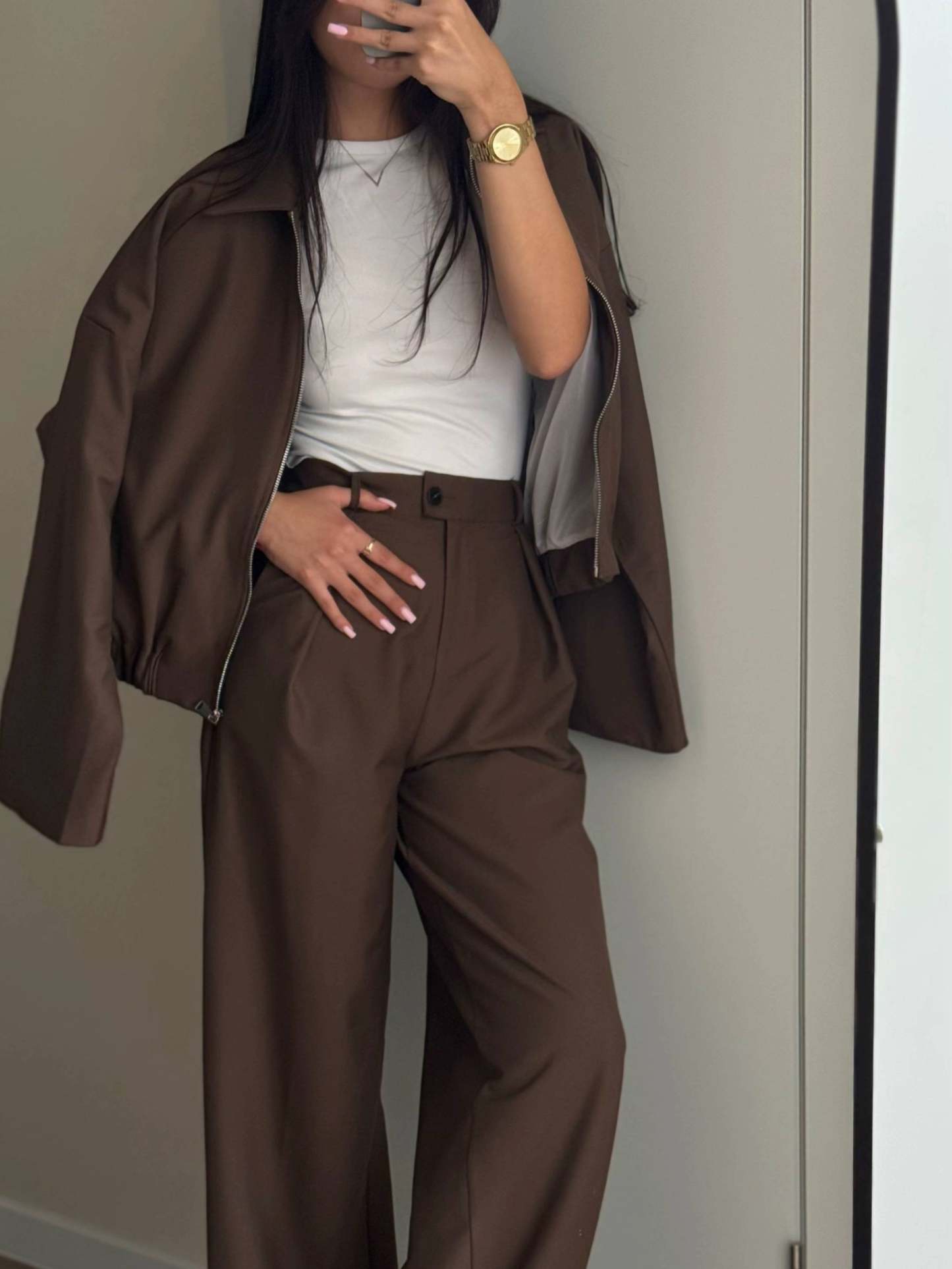 Zippered Jacket And Wide-leg Pants Two-piece Suit