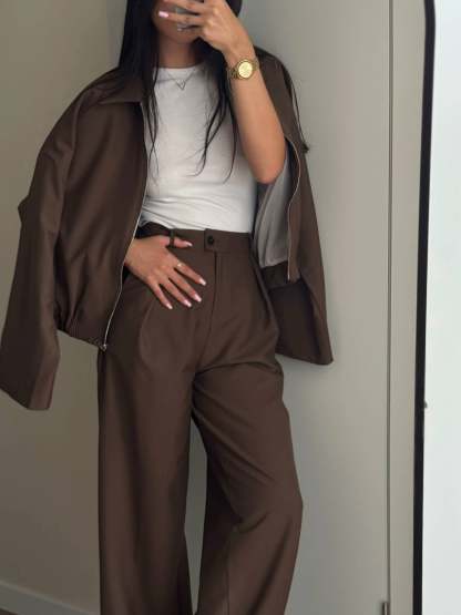 Zippered Jacket And Wide-leg Pants Two-piece Suit