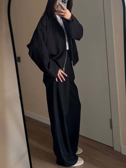 Zippered Jacket And Wide-leg Pants Two-piece Suit