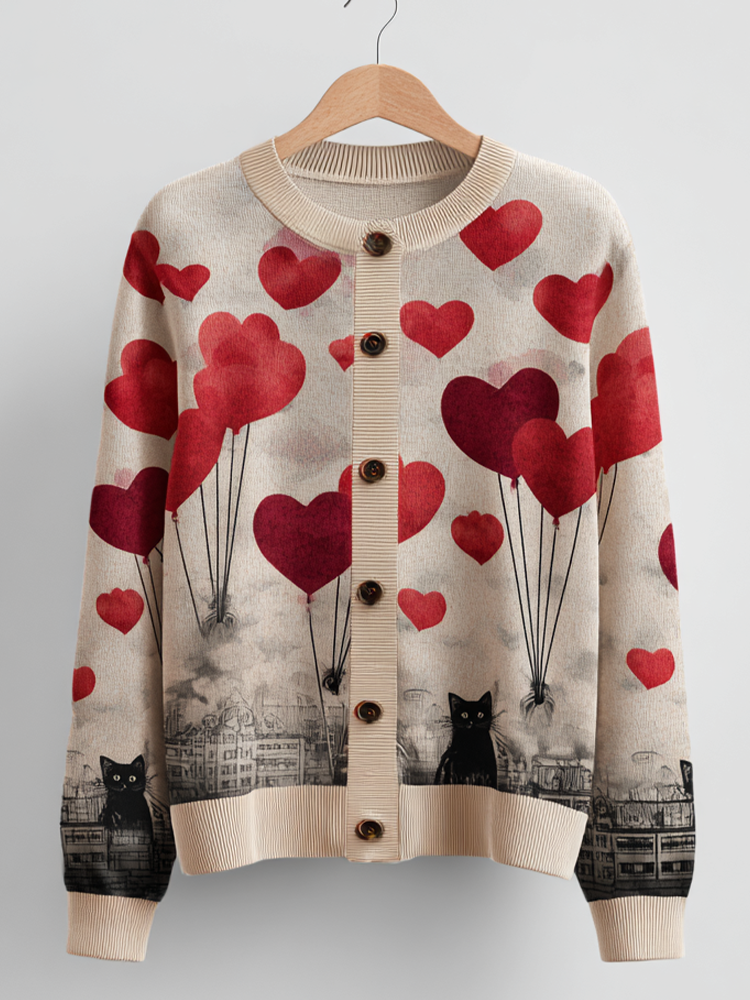 Valentine's Day Fun Cat Pattern Women's Round Neck Knit Sweater Coat