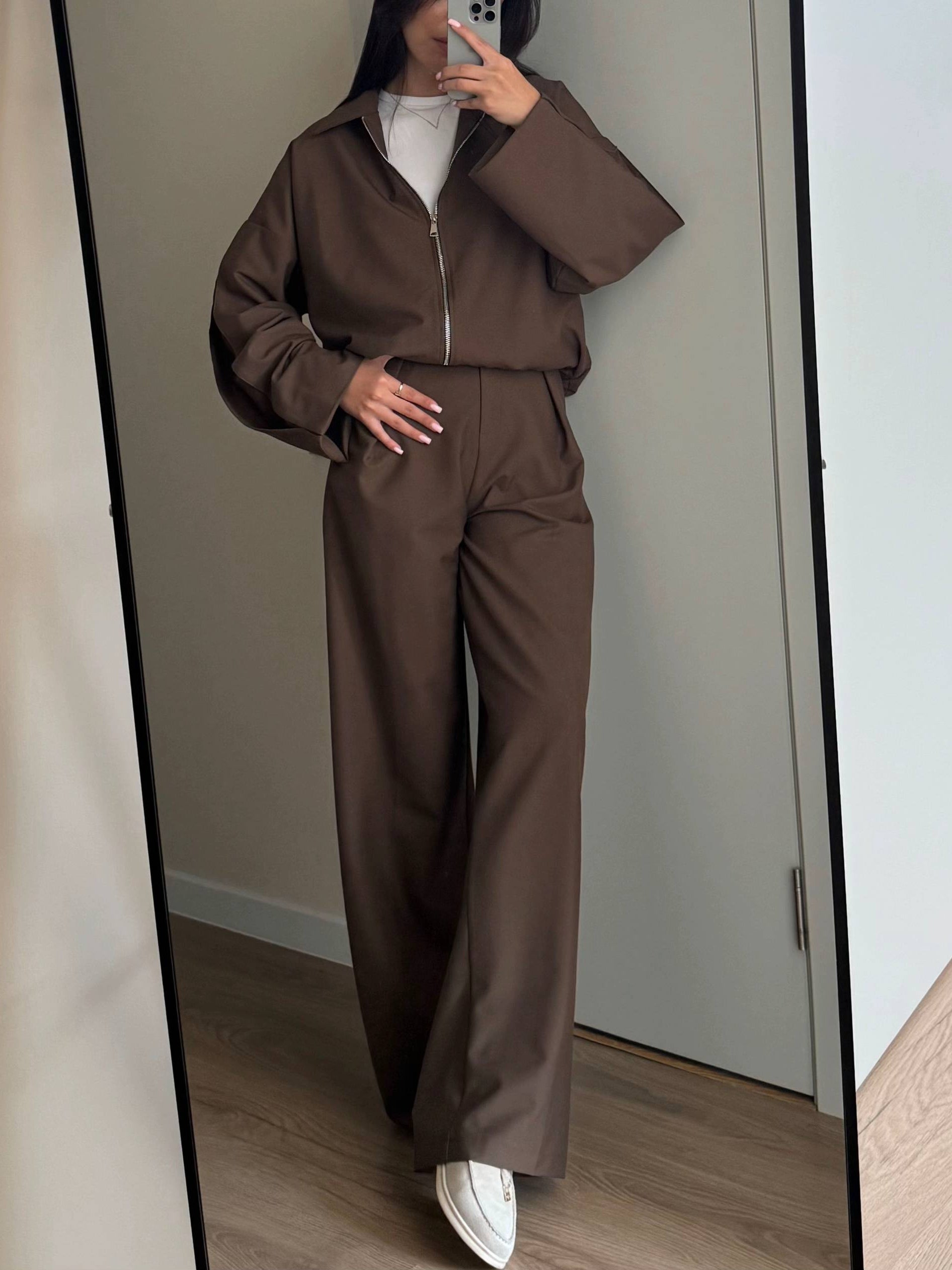 Zippered Jacket And Wide-leg Pants Two-piece Suit