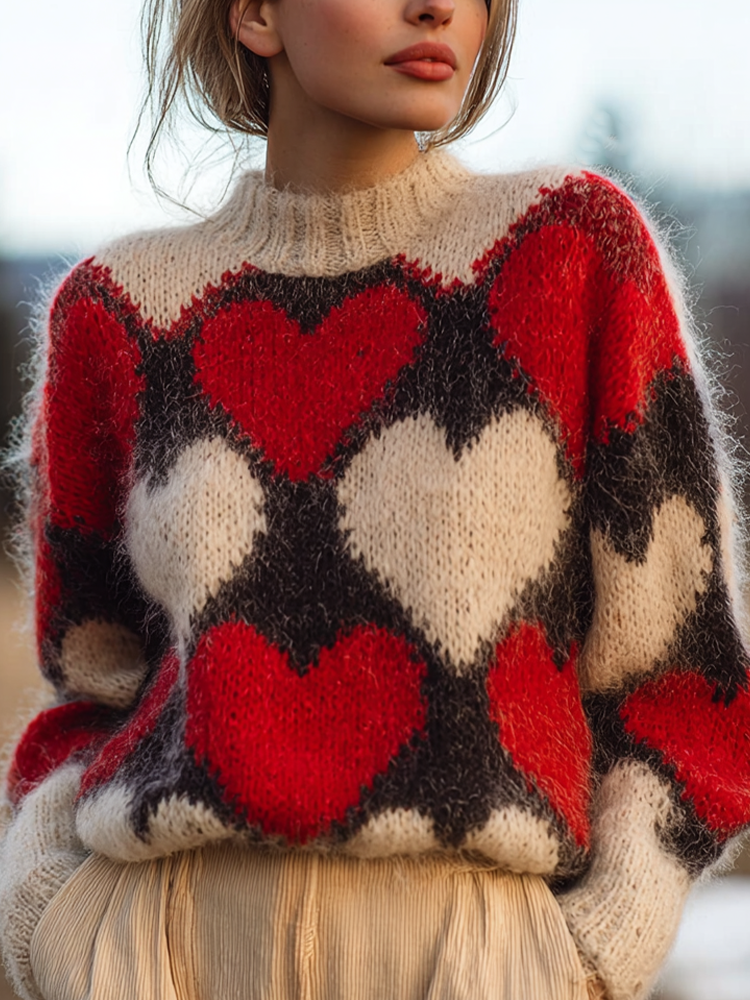 Valentine's Day Love Heart Pattern Women's High Neck Sweater