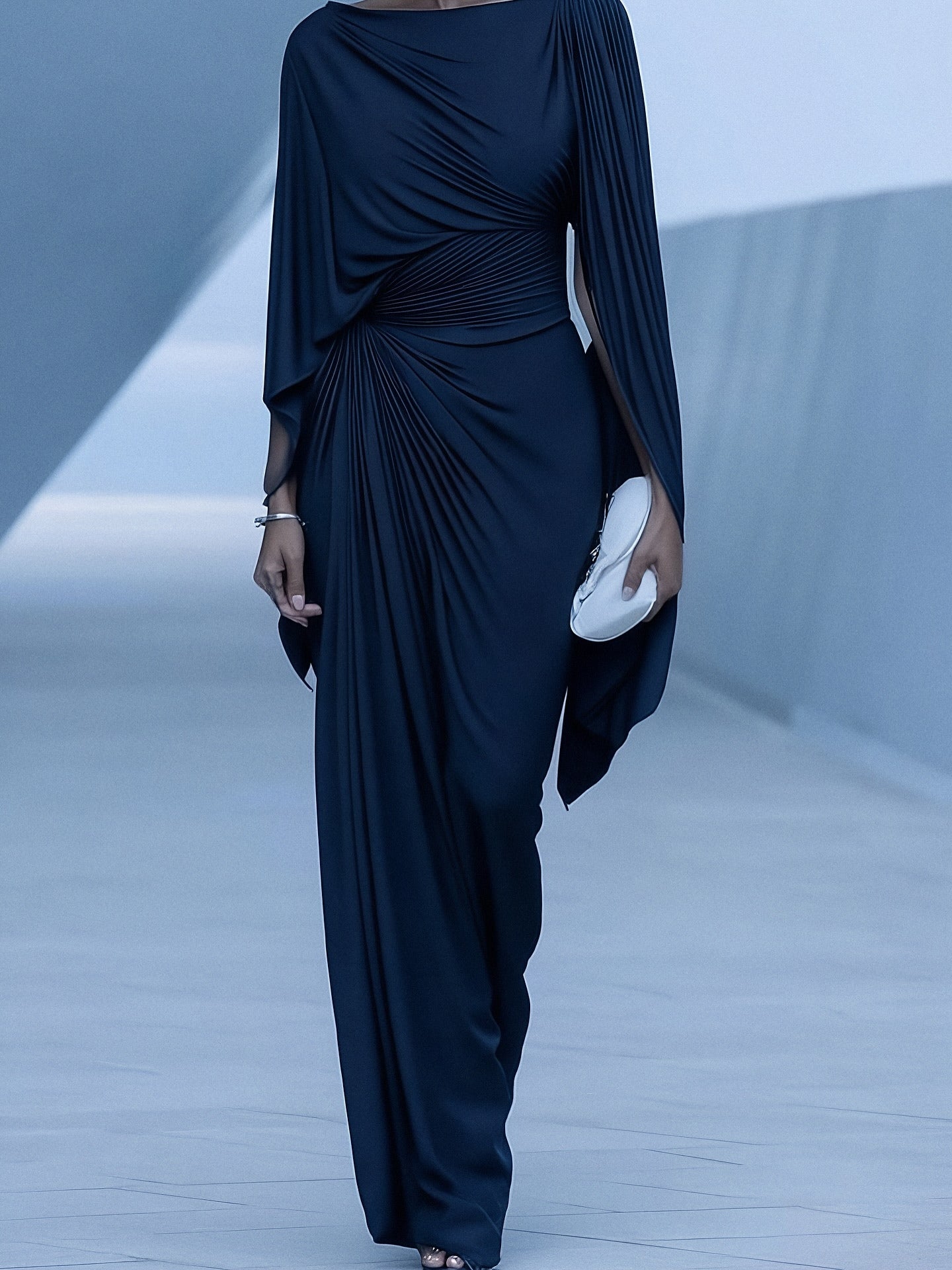 Dark Blue Pleated Cape Draped Maxi Dress
