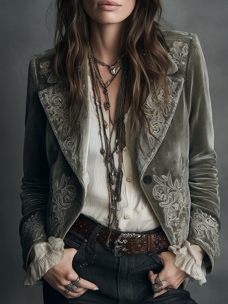 Vintage Grey-Green Velvet Embroidered Cropped Jacket