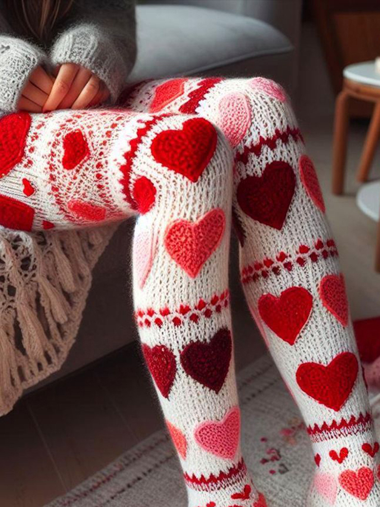 Vintage Crochet Valentine Heart Cozy Knit Leggings