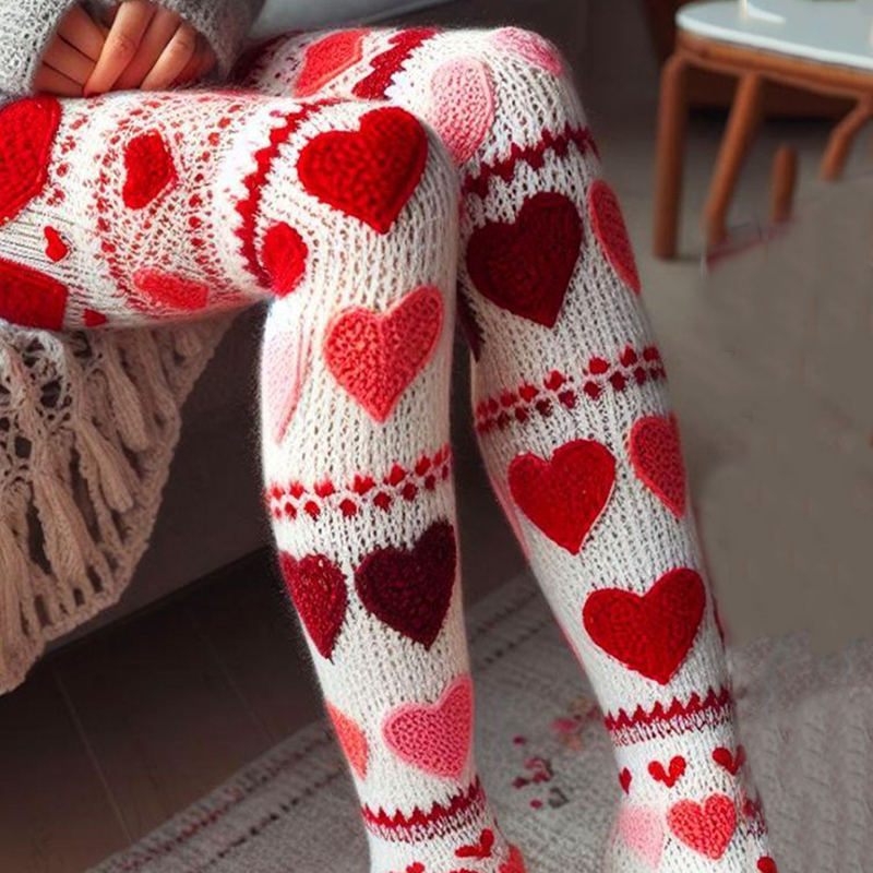 Vintage Crochet Valentine Heart Cozy Knit Leggings