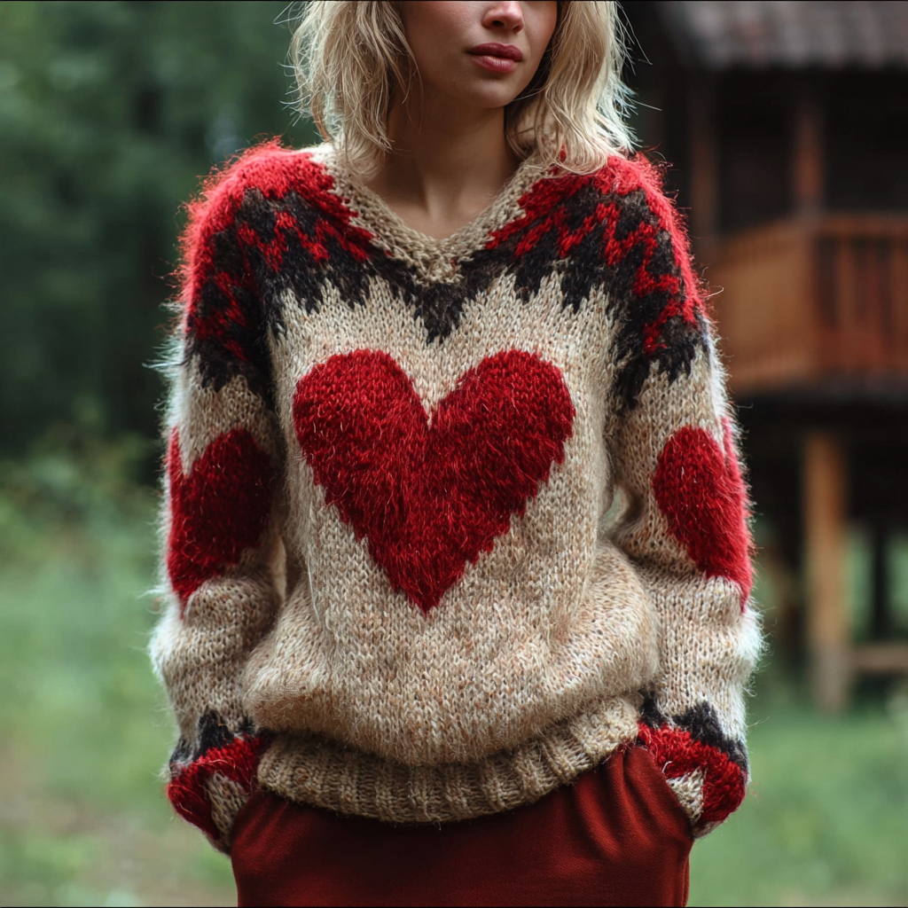 Valentine's Day Love Heart Pattern Women's V-neck Sweater