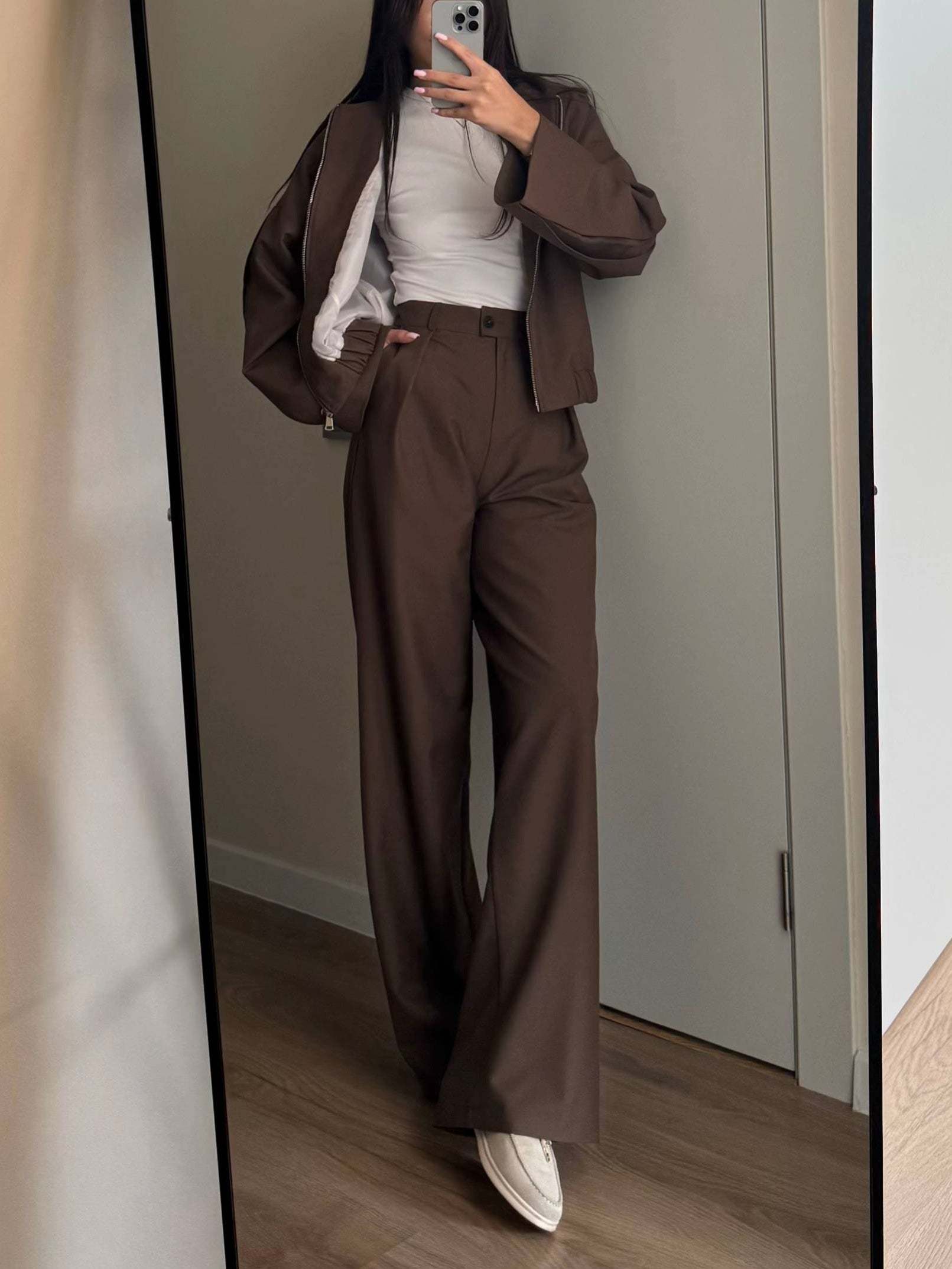 Zippered Jacket And Wide-leg Pants Two-piece Suit