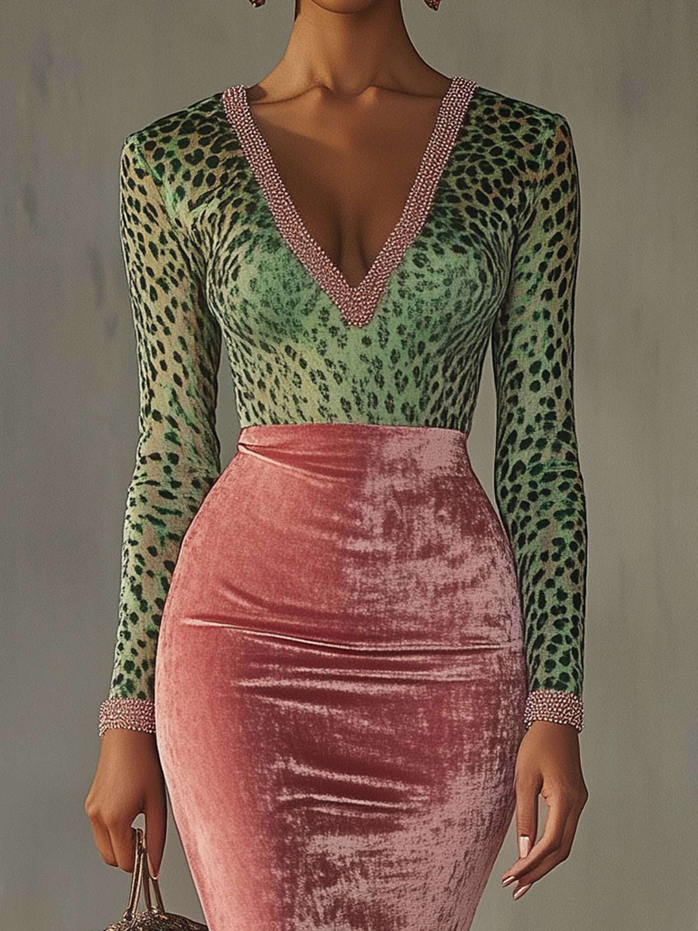 Pink Velvet Bodycon Dress With Patchwork Webbing And Leopard Print