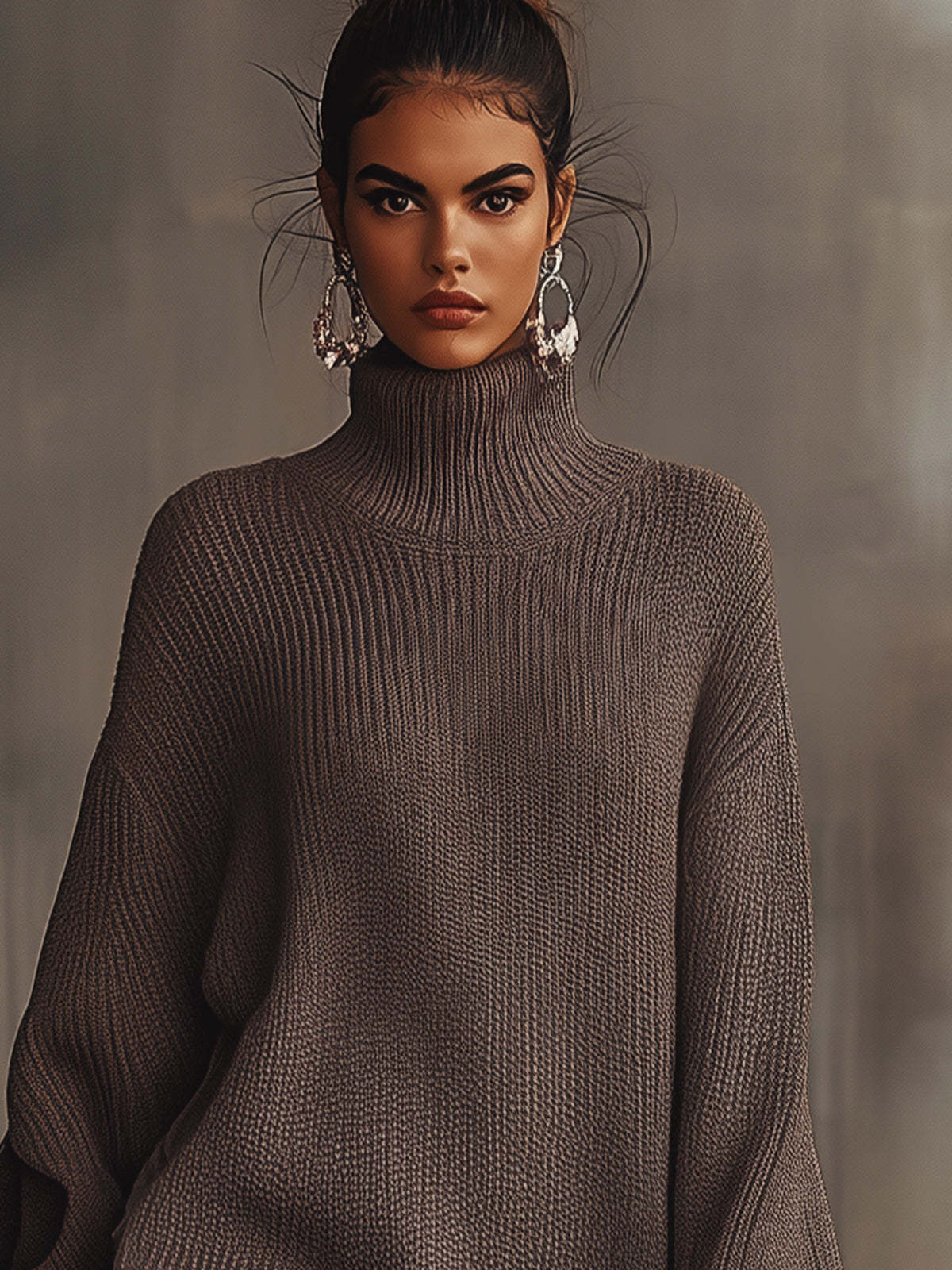 Brown Ruffled Hem Turtleneck Sweater Dress