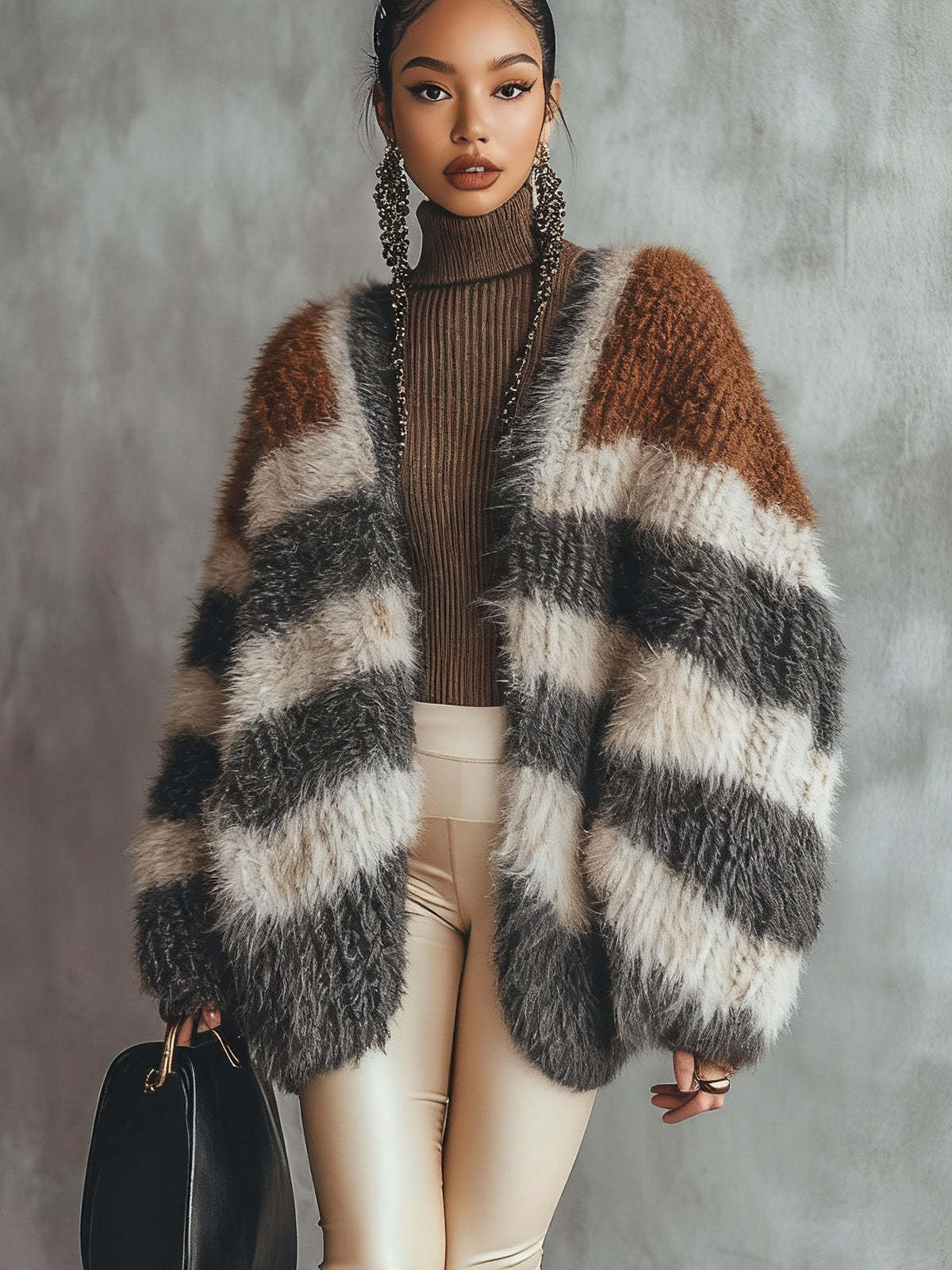Colorblock Striped Furry Knit Cardigan