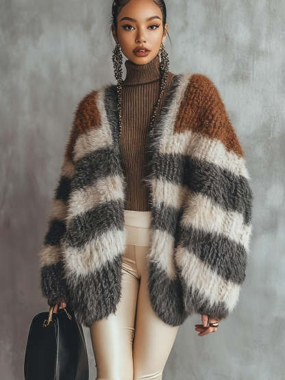 Colorblock Striped Furry Knit Cardigan
