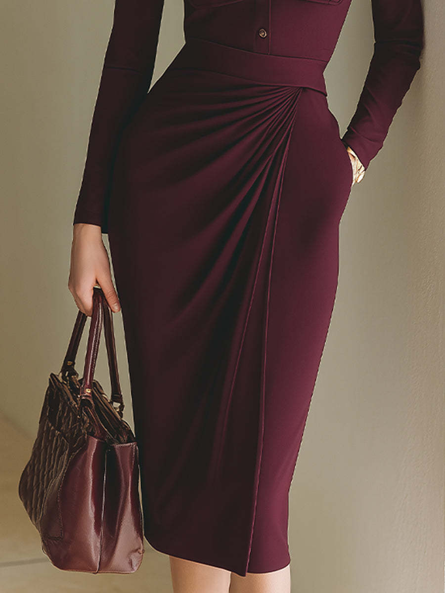 Burgundy Draped Shirt Dress