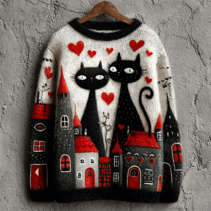 Lovely Valentine's Day Cats Lovers Contrast Cozy Knit Sweater