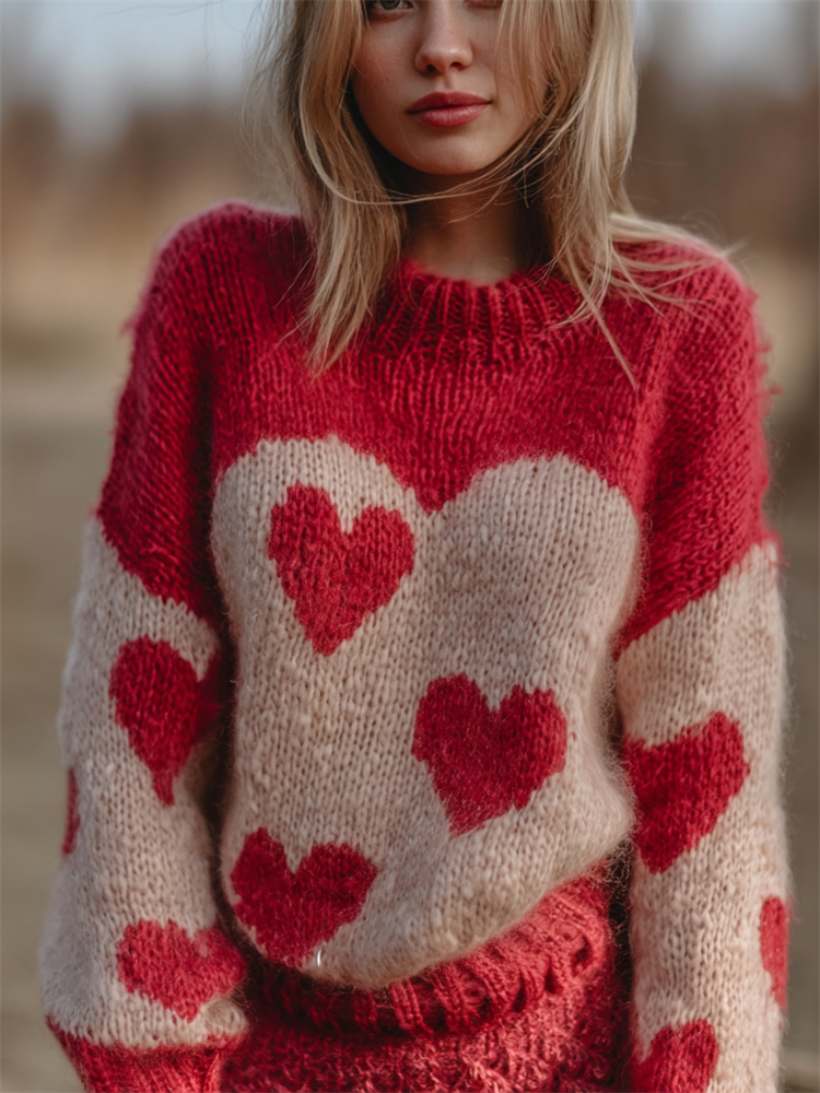 Vintage Valentine's Day Hearts Contrast Cozy Knit Sweater