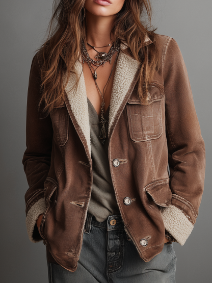 Retro Multi-pocket Faux Sherpa Lined Denim Coat