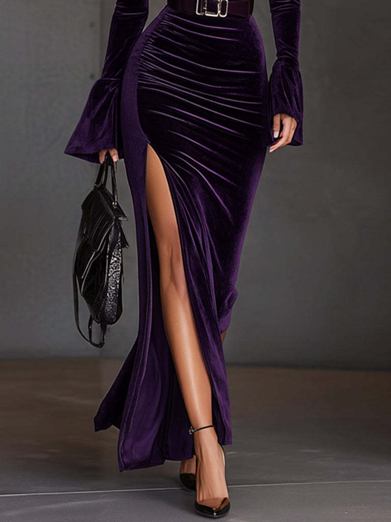 Elegant Purple Velvet Maxi Dress With High Slit
