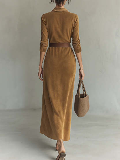 Suede Single-breasted Lapel Maxi Dress