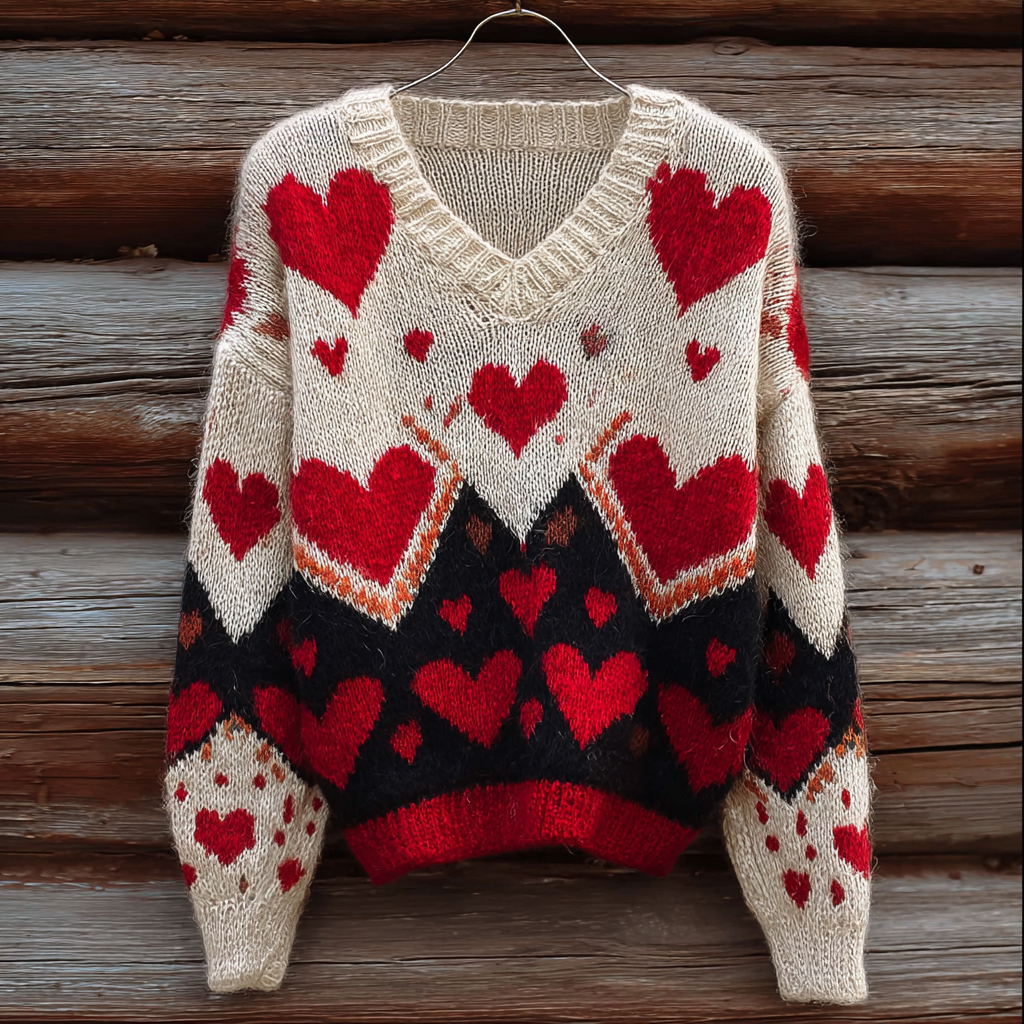 Valentine's Day Love Heart Pattern Women's V-neck Sweater 2
