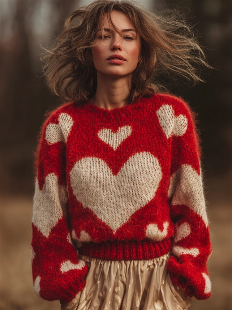 Vintage Valentine's Day Hearts Inspired Cozy Knit Sweater